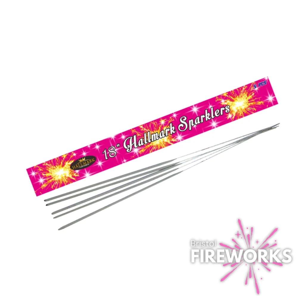 A pack of 18-inch Hallmark Giant Legacy Sparklers with five silver sparklers. The bright pink packaging features yellow fireworks graphics and displays the Bristol Fireworks logo in the corner.