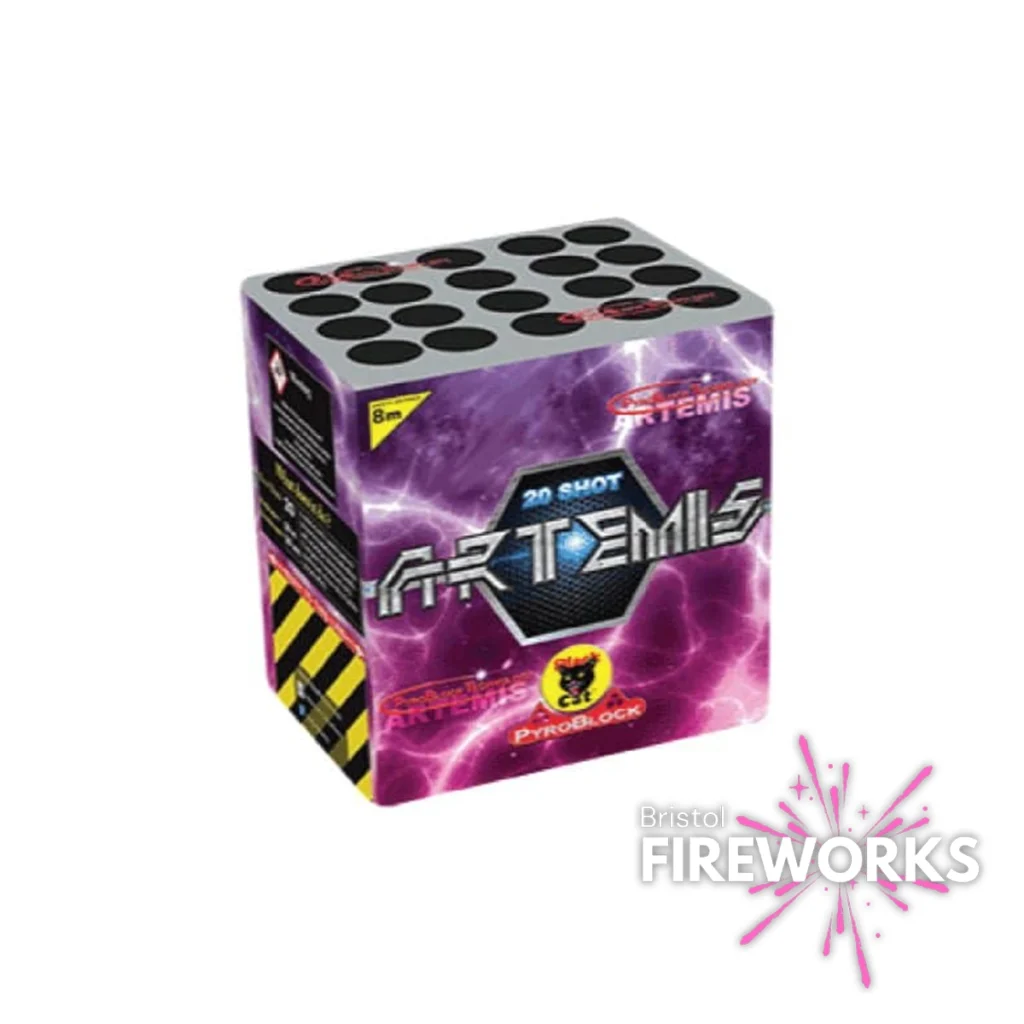 The "Artemis | 20 Shot | Roman Candle Cake" has a box shape with a purple and black design, yellow caution stripes, the "Pyroblock" logo, and the "Bristol Fireworks" logo in the bottom right corner.