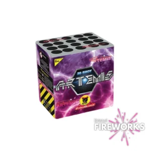 The "Artemis | 20 Shot | Roman Candle Cake" has a box shape with a purple and black design, yellow caution stripes, the "Pyroblock" logo, and the "Bristol Fireworks" logo in the bottom right corner.