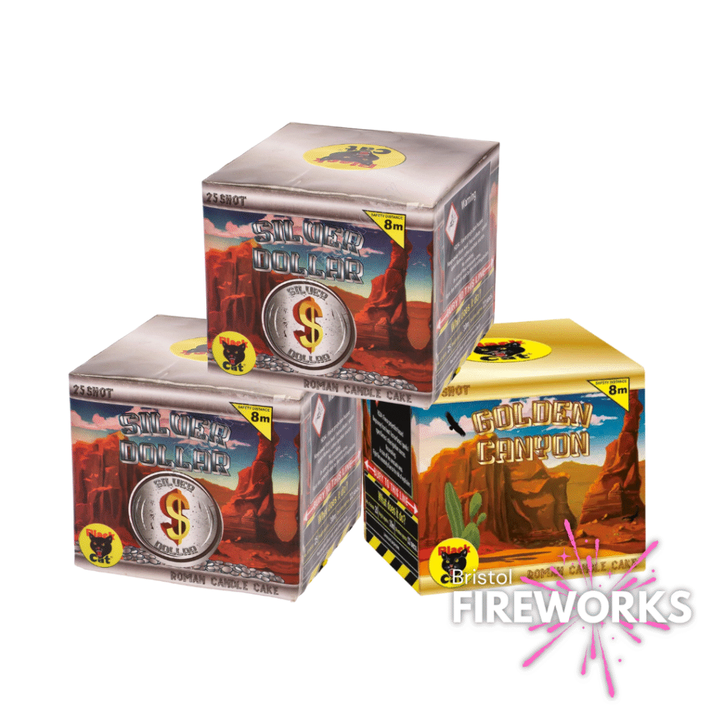 Three vibrant firework boxes from the Bank Heist Bundle | 3 x 25 Shot | Single Light, featuring "Silver Dollar" and "Golden Canyon" designs, are arranged on a white background with the Bristol Fireworks logo in the corner.