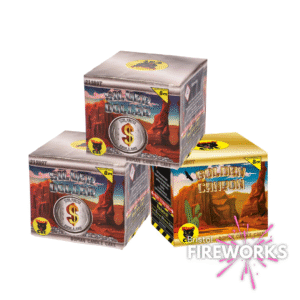 Three vibrant firework boxes from the Bank Heist Bundle | 3 x 25 Shot | Single Light, featuring "Silver Dollar" and "Golden Canyon" designs, are arranged on a white background with the Bristol Fireworks logo in the corner.