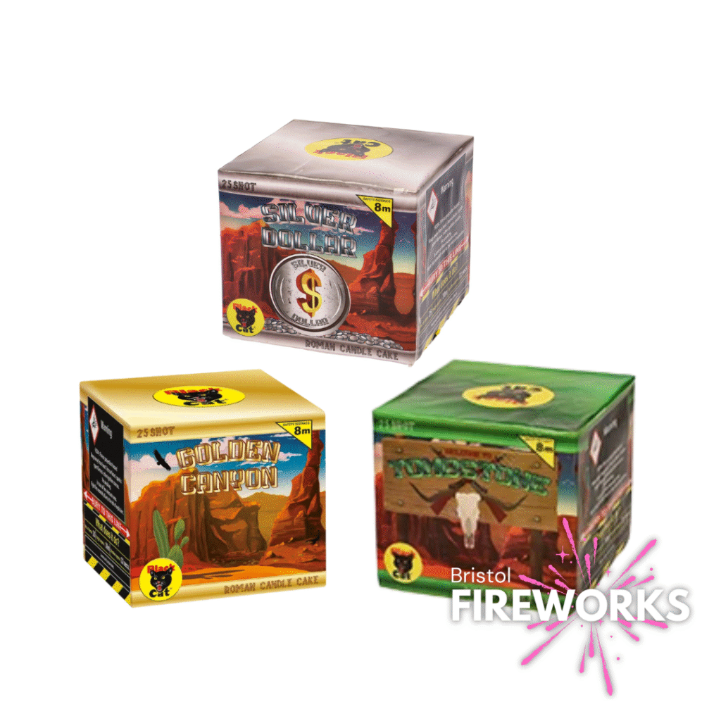 The Wild West Bundle features three colorful firework boxes with Western-themed designs and Bristol Fireworks branding, displayed on a white background with a pink spark graphic—perfect for adding excitement to any celebration.