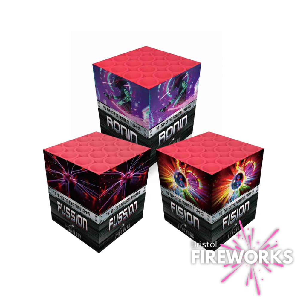 Three vibrant firework boxes, including "Ronin" from the "Fusion" series, make the Bristol Fireworks Barrage Bundle shine, displayed next to a Bristol Fireworks logo with pink starbursts.
