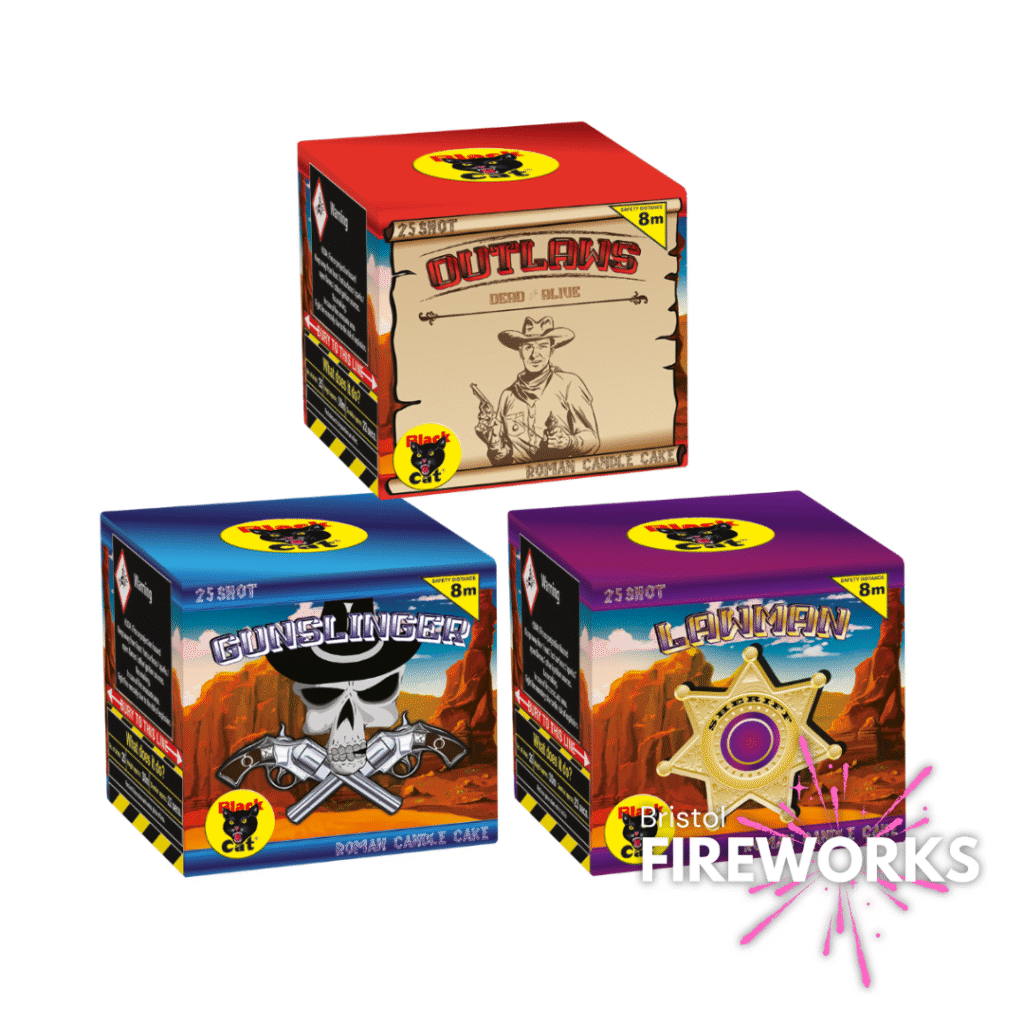 The Cowboy Bundle features three Western-themed boxes—Outlaw, Gunslinger, and Lawman—with vibrant graphics arranged in a triangle, evoking the Wild West. The Bristol Fireworks logo is displayed in the bottom right corner.