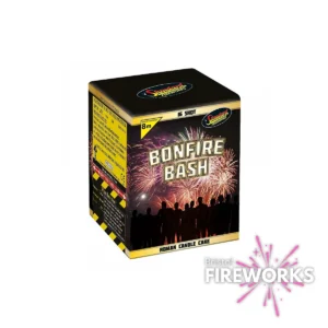 A box of Bonfire Bash | 16 Shot | Roman Candle Cake fireworks, featuring packaging with a crowd enjoying colorful fireworks at night and the Bristol Fireworks logo in the bottom right corner.