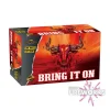 The "Bring It On" 200-shot fireworks box, featuring a stylized red bull graphic and weighing 1.2 kg, promises explosive excitement. Embellished with the Bristol Fireworks logo at the bottom, it guarantees an unforgettable night.