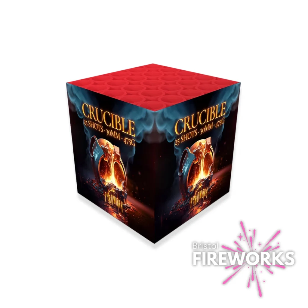 A cube-shaped Crucible | 25 Shot Single Light Barrage box has a molten metal design, red top, and displays the "Bristol Fireworks" logo with pink fireworks in the bottom right corner.