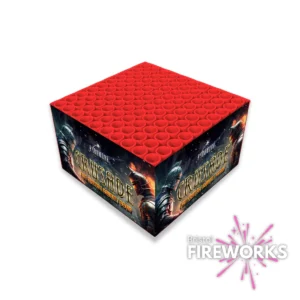 The Crusade | 100 Shot Single Light Barrage is a square fireworks box with a red top, multiple circular tubes, and features the "Bristol Fireworks" logo in the corner for an impressive display.