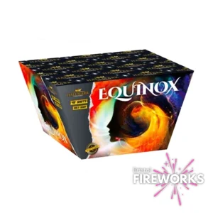 A box of fireworks labeled "Equinox," with vibrant artwork, displays text "49 Shot" and promotes the brand "Bristol Fireworks.