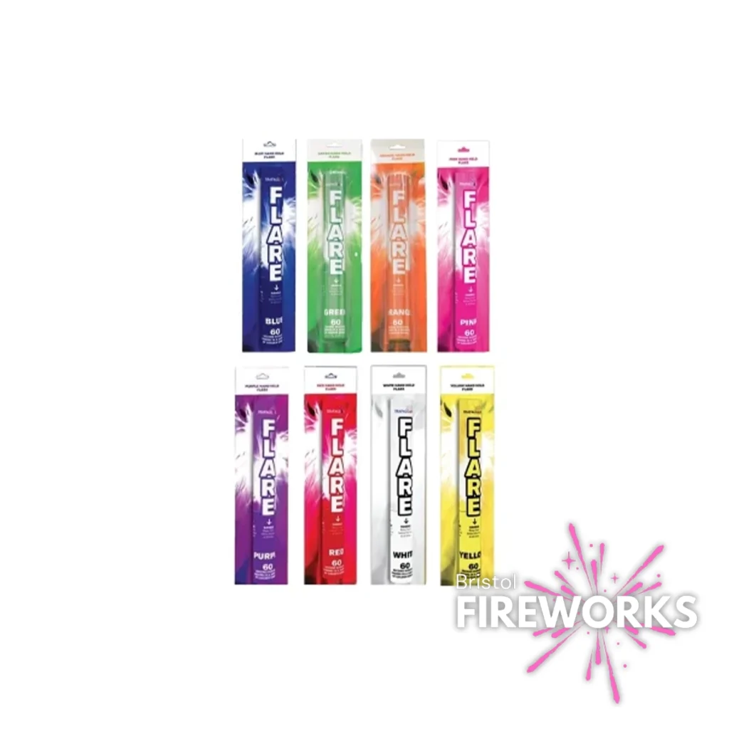 The "It's A Girl" hand-held nighttime flares from Bristol Fireworks come in eight colors—blue, green, orange, pink, purple, red, gold, and white—and are arranged in two rows with the logo at the bottom right.