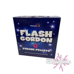 A box of Flash Gordon | 9 Strobe Pellets features a blue background, fireworks design, and the Bristol Fireworks logo in the bottom right corner.