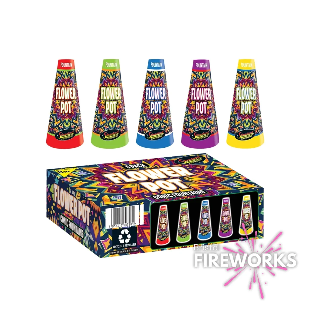Five vibrant Flower Pot Fountains from the 5 Piece Conic Fountain Set are shown above a coordinating box with dynamic patterns, images of fireworks, and "Bristol Fireworks" in the corner.