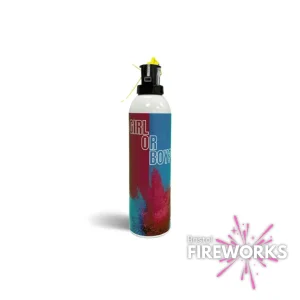 A cylindrical powder extinguisher named "Gender Reveal | Girl or Boy?" features playful pink and blue colors, hinting at an exciting gender reveal surprise. The Bristol Fireworks logo is prominently displayed, ready to spark the celebration.