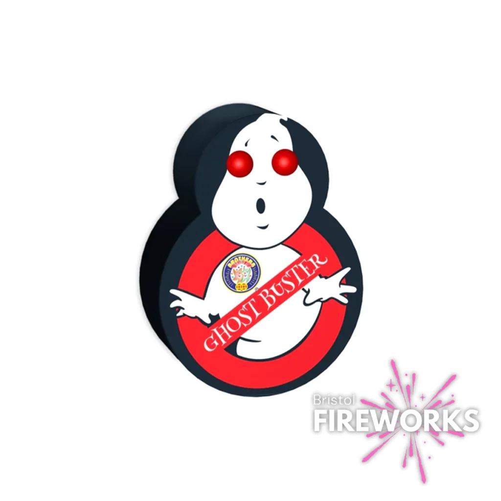 A cartoon ghost with red eyes and an open mouth is inside a red "no" symbol with "GHOST BUSTER" across it, featuring the Brothers Fireworks Ghost Buster Fountain. The Bristol Fireworks logo appears in the bottom right corner.