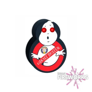 A cartoon ghost with red eyes and an open mouth is inside a red "no" symbol with "GHOST BUSTER" across it, featuring the Brothers Fireworks Ghost Buster Fountain. The Bristol Fireworks logo appears in the bottom right corner.