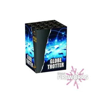 The "Globe Trotter" 16-shot fireworks box, featuring a glowing blue globe map, guarantees an exhilarating single light display that illuminates the sky brilliantly.