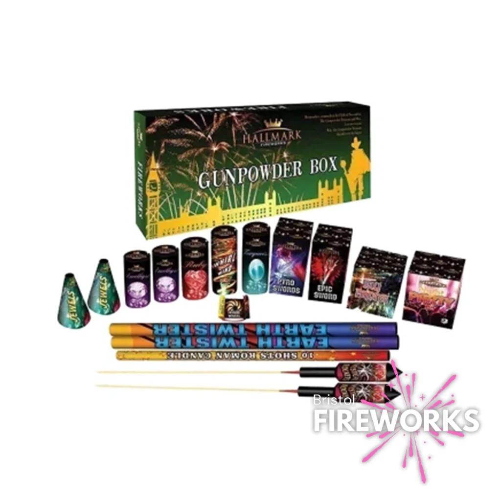 The "Gunpowder 19 Piece Selection Box" offers a variety of fireworks, including cones, cylindrical firecrackers, and rockets, all expertly packaged under the trusted Hallmark brand.