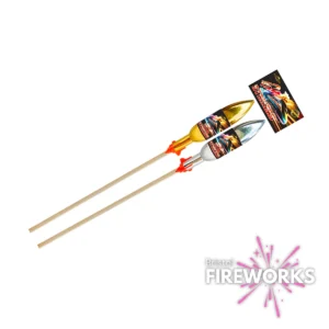Two Hallmark HS2 Striker Rockets—one with a gold top and one with a silver top—each on long wooden sticks. A Bristol Fireworks logo featuring a pink burst is in the bottom right corner.
