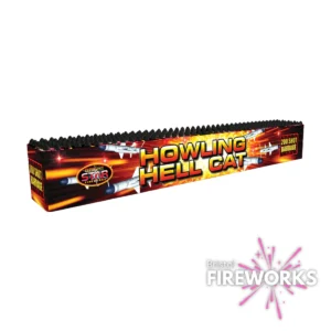 Rectangular box labeled "Howling Hell Cat | 200 Shot Barrage" with a black top and vivid graphics. Bristol Fireworks logo in the corner, ideal for an intense display of color and sound.
