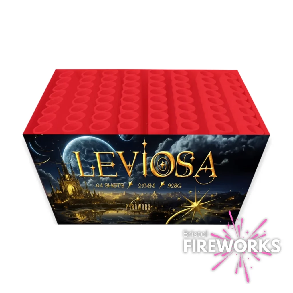 Leviosa | 64 Shot Single Light Barrage comes in a box with a magical night scene of a castle, full moon, and stars. The red top has circular holes, and the barrages display 251M and 928G for an enchanting fireworks show.