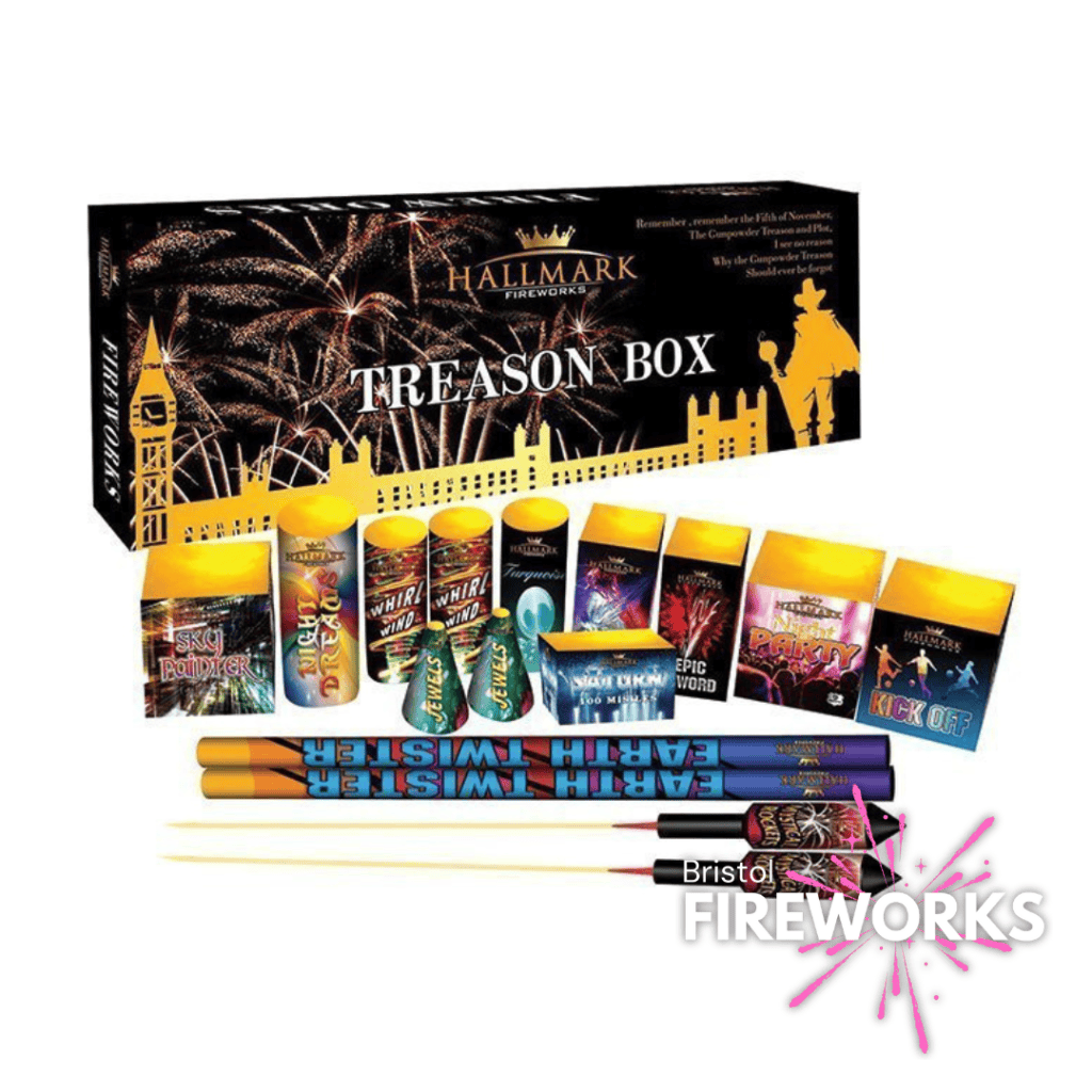 The Treason | Selection Box offers an exciting array of colorful fireworks packages and long sparklers, all neatly displayed in front of a themed box.