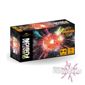 The "Quantum Fusion | 200 Shot | Single Light" fireworks display a vibrant explosion design with the Bristol Fireworks logo on the bottom right, ensuring dynamic effects and an unforgettable spectacle.