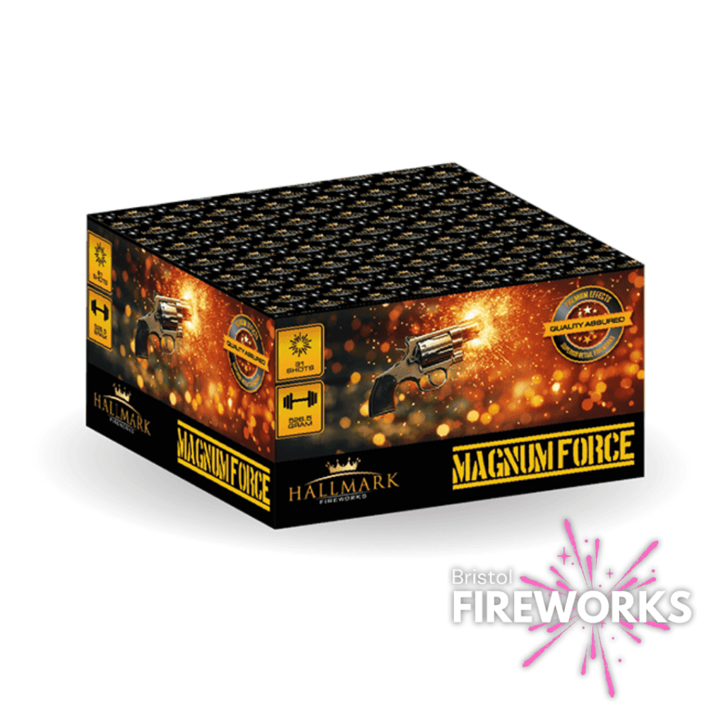 The Magnum Force 81 Shot by Hallmark features gold accents and a revolver image. It guarantees a dazzling display, with Bristol Fireworks' logo at the bottom right.