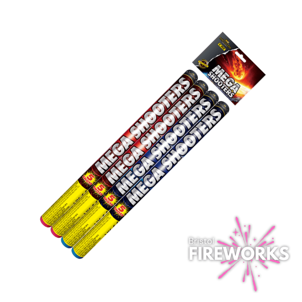 Four Hallmark Mega Shooters fireworks, showcasing high-quality bursts, are presented in vibrant Bristol Fireworks packaging.