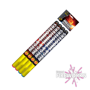 Four Hallmark Mega Shooters fireworks, showcasing high-quality bursts, are presented in vibrant Bristol Fireworks packaging.