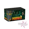 The "Paradox | 50 Shot | Single Light" fireworks box showcases a futuristic style with a figure in sunglasses and a hat, delivering an impressive display with 50 shots and weighing 495 grams.