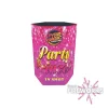 The "Party Princess" fireworks box features a pink hexagonal design with vibrant confetti patterns, offering 19 shots of excitement crafted by Pyro Magic Fireworks for a dazzling night with just one ignition.