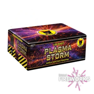 A rectangular fireworks box labeled "Plasma Storm" with “150 shot” and “Single Ignition Firework” written on it. The design features bright, colorful streaks resembling plasma on a dark background.
