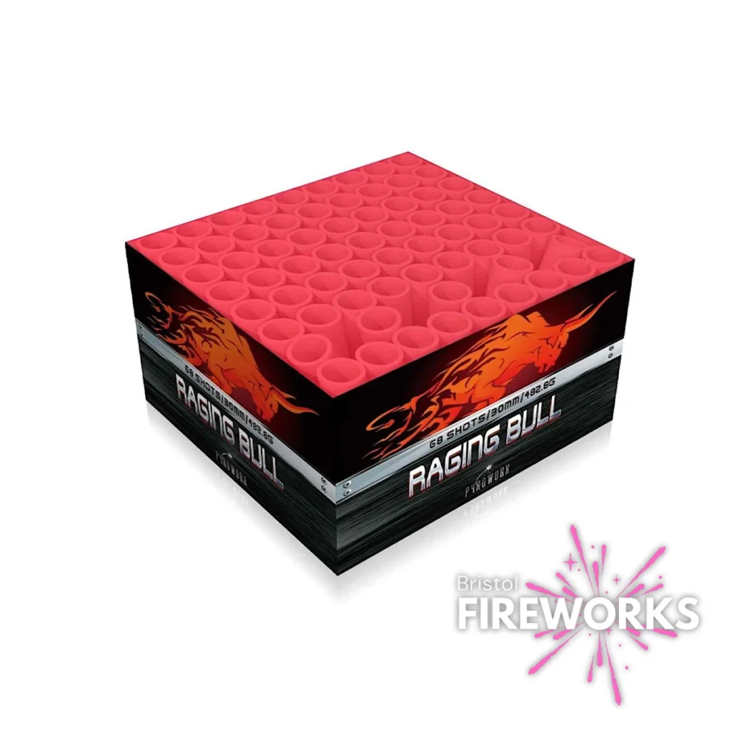 A square firework cake, "Raging Bull | 68 Shot Single Light Barrage," with a red top and circular tubes, features a fiery bull graphic and "68 Shot" highlighted. The Bristol Fireworks logo with pink sparkles appears in the corner.