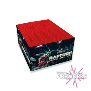 A box of Rapture fireworks with 49 red tubes on top features dynamic artwork of a man in red amid lightning and debris, and displays the Bristol Fireworks logo in the bottom right corner.