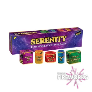 Experience the Final Fantasy magic with the Serenity low noise fountain fireworks pack featuring five vibrant displays: Fountain of Life, Youth, Wealth, Joy, and Knowledge. The Bristol Fireworks logo is prominently displayed in the bottom right corner.