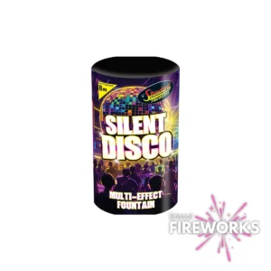 The "Silent Disco" cylindrical firework features colorful images of dancers under disco lights, labeled "Multi-Effect Fountain" and "Sundown Fireworks," with the Bristol Fireworks logo displayed in the corner.
