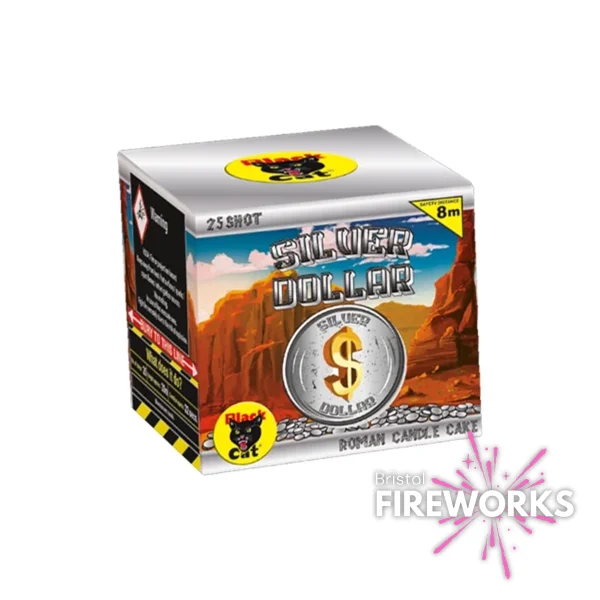 The "Silver Dollar" 25-shot Roman candle fireworks feature a striking emblem and canyon design, lighting up the sky with a dazzling display.