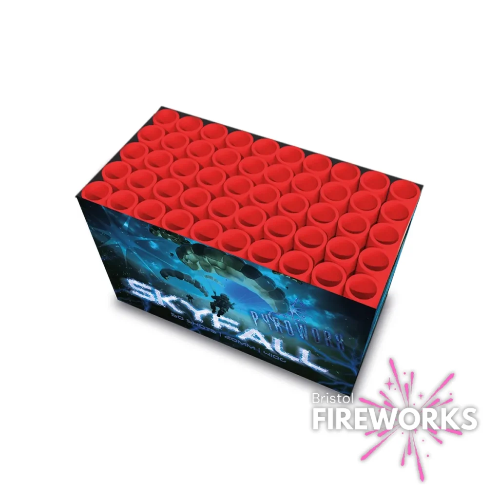 The Pyroworx Skyfall rectangular fireworks cake features red tubes on top, a bold space-themed side design, and the Bristol Fireworks logo with a pink burst in the corner.