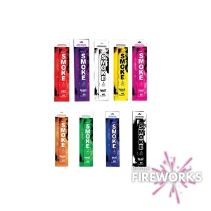 Hand-Held Smokes, available in 9 vibrant colors, come in rectangular packs labeled with the color and "SMOKE." Each pack features the "Bristol Fireworks" logo at the bottom right. These colorful smoke grenades are arranged in two rows, ideal for any occasion.