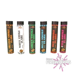 Six vibrant smoke flare canisters labeled orange, white, green, blue, pink, and red. Branded "Smoke Ware" with the "Bristol Fireworks" logo in the corner. Product: 2 Minute Smokes | 6 Colours Available.