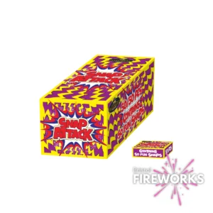 A vibrant yellow and red Hallmark Snap Attack box with comic-style graphics sits next to a smaller box, both featuring the Bristol Fireworks logo and burst design in the lower right corner.
