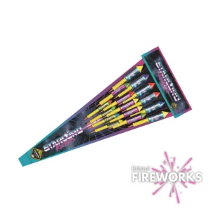 Star Lord Rockets | 15 Piece | Rockets: Triangular pack featuring 15 colorful rockets in vibrant packaging with the Bristol Fireworks logo and a pink explosion graphic in the bottom right corner—perfect for rocket fans.