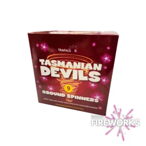 A red "Tasmanian Devils | 9 Ground Spinners" box with fireworks graphics holds 9 vibrant ground spinners by Trafalgar, shown on a white background.