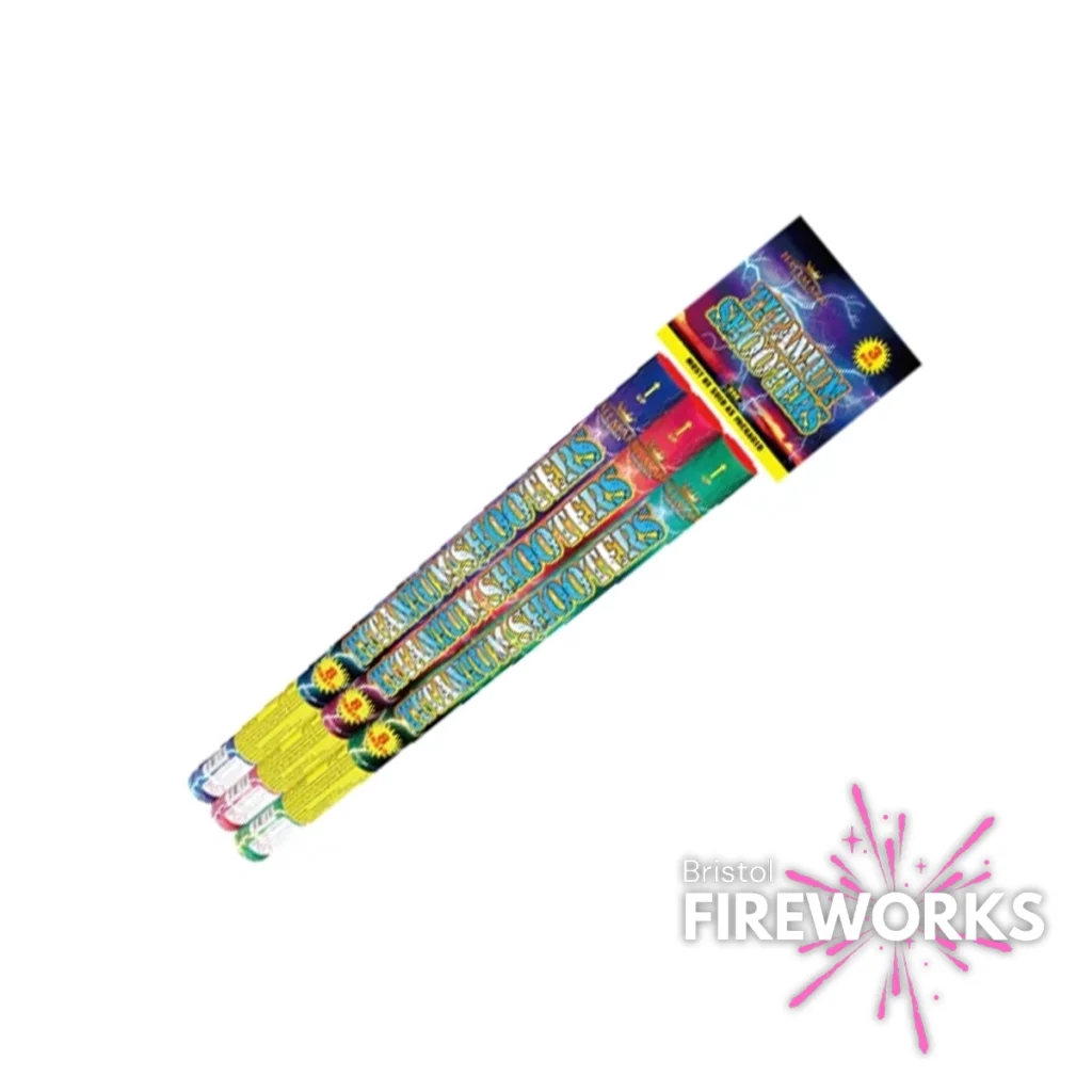 Enjoy a vibrant display with four packs of ground bloom flower fireworks, each containing six tubes in colorful "Bristol Fireworks" packaging. Pair them with our Titanium Shooters roman candles for the ultimate experience.