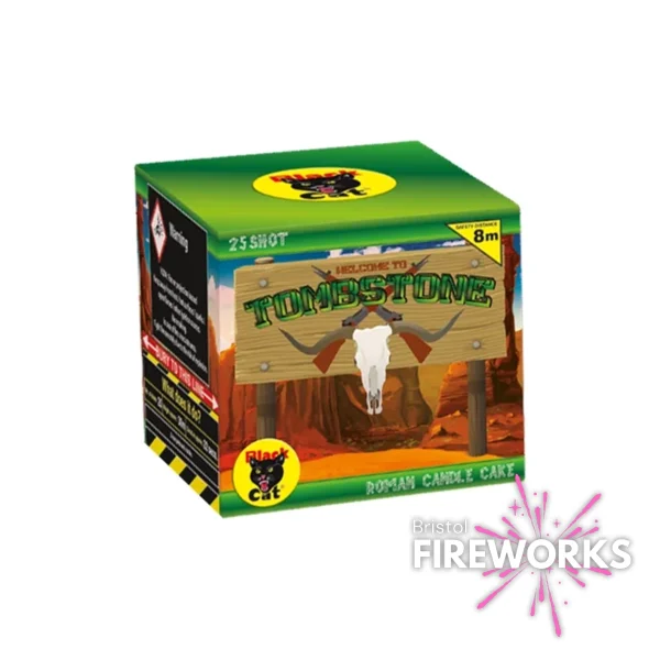 The "Tombstone" fireworks box, with a desert-themed design and Black Cat logo, offers a 25-shot Roman candle cake that illuminates the night like a single light.