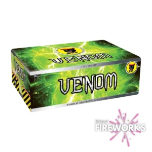 A rectangular box of Standard / Black Cat Venom fireworks featuring a green lightning design, bold white text, and the Black Cat logo on top and sides. The Bristol Fireworks logo is in the bottom right corner.