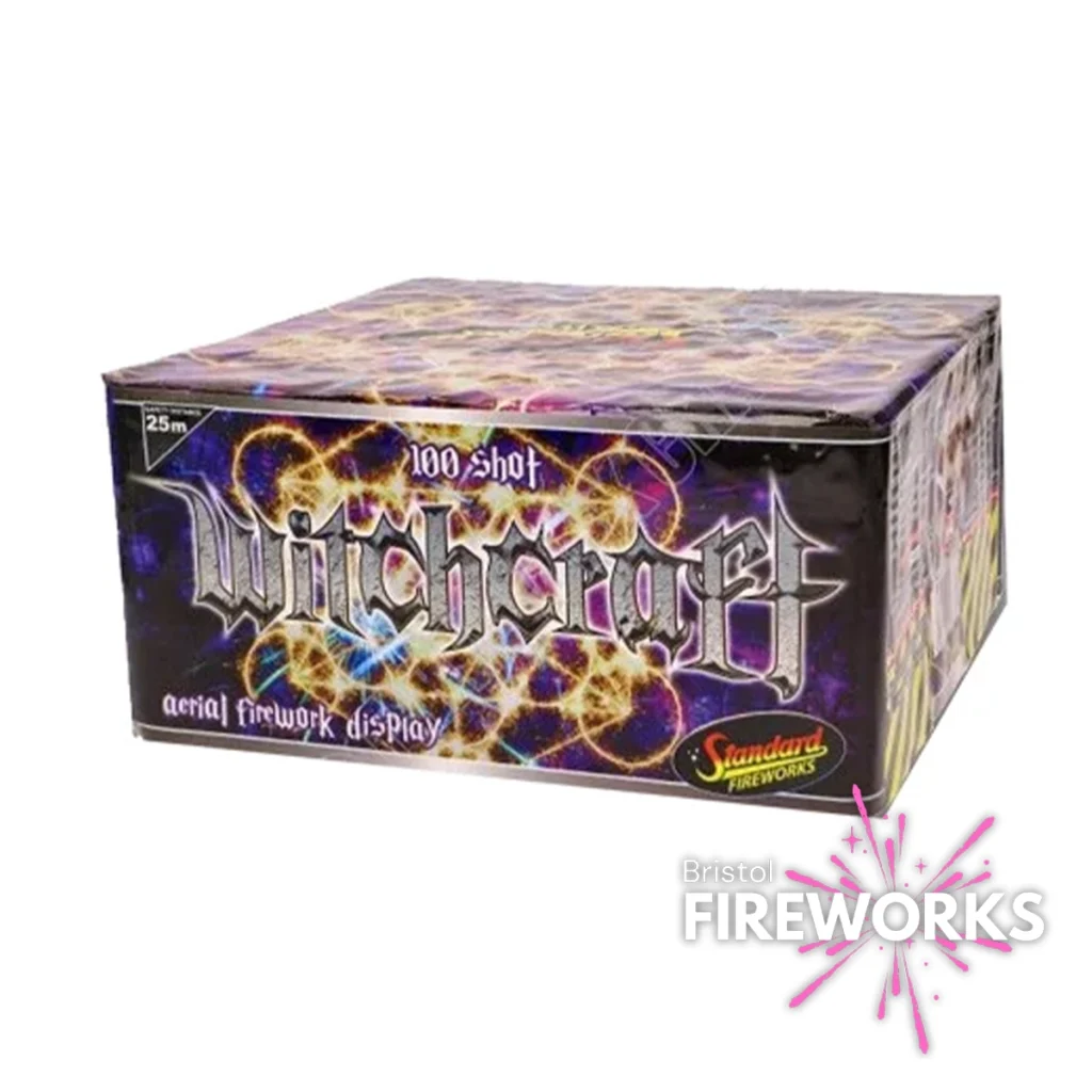 The "Witchcraft" 100 Shot aerial firework display by Standard Fireworks enchants onlookers with a spellbinding spectacle of dazzling lights, casting theatrical brilliance across the night sky.