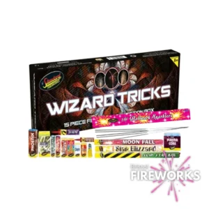 A vibrant 15-piece Wizard Tricks Selection Box of fireworks, including small rockets, cones, fountains, and sparklers, all displayed with the Bristol Fireworks logo in the corner.