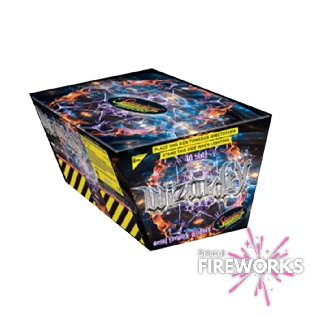 The image features the "Wizardry" 40 Shot Single Light fireworks box, bursting with color and lightning graphics. The Bristol Fireworks logo is in the corner, and safety instructions are included. This spectacle promises to dazzle any sky with its magical display.