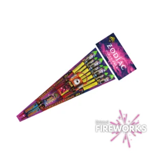 The Zodiac Rocket Selection pack features five colorful rocket tubes in festive packaging, shown on a white background with the "Bristol Fireworks" logo in the corner.